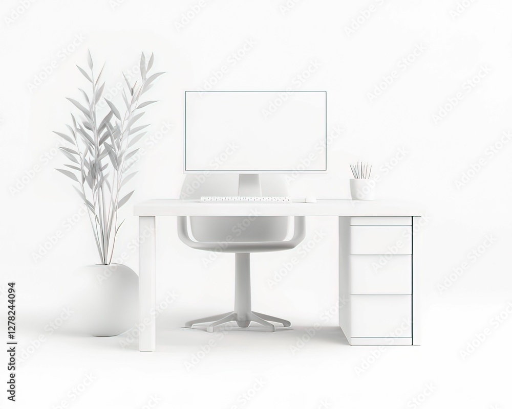 Poster minimalist desk setup with monitor and keyboard contemporary workspace digital bright environment ae