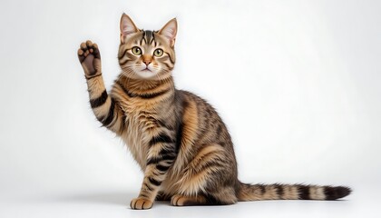 "Tabby Cat with Raised Paw on White Background"