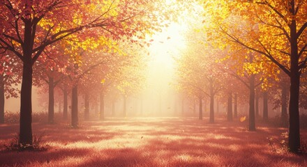 Fototapeta premium Autumn forest with golden and pink leaves and soft sunlight filtering through the trees creating a tranquil and peaceful landscape