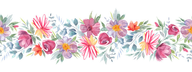 Floral seamless border with delicate abstract flowers. Peony, chrysanthemum, wildflowers. Isolated watercolor illustration for cover, background, invitation or greeting cards, decorative pattern.