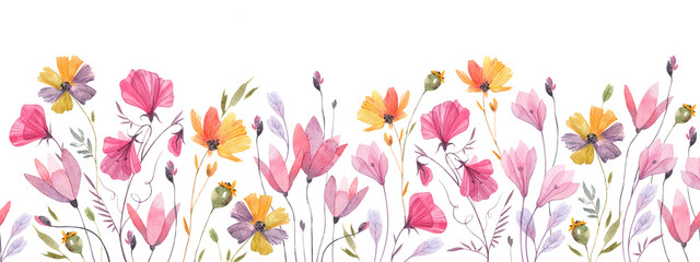Floral seamless border with delicate wildflowers. Isolated watercolor illustration for cover, background, invitation or greeting cards, decorative pattern.