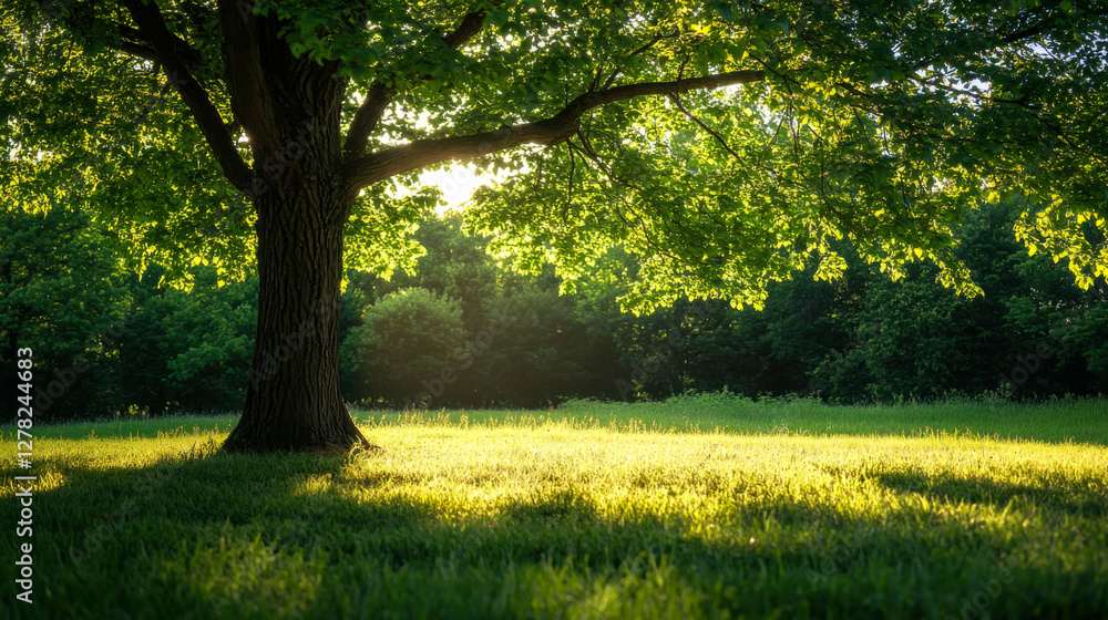 Poster sunlight filters through lush leaves of a large tree in a serene park setting during late afternoon