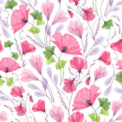 Botanical seamless pattern with abstract pink flowers, isolated watercolor illustration for floral textile, background, design wallpaper, fabric or wrapping paper.