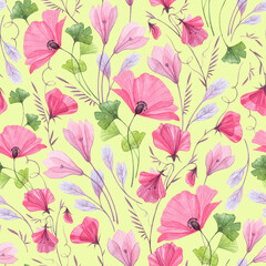 Botanical seamless pattern with abstract pink flowers on a green background. Isolated watercolor illustration for floral textile, background, design wallpaper, fabric or wrapping paper.