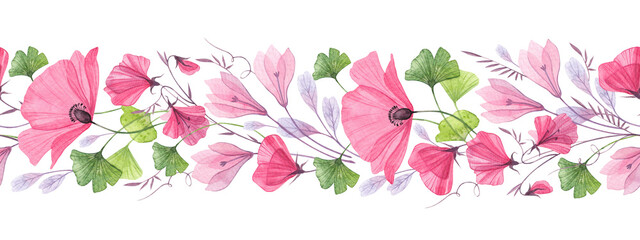 
Floral seamless border with delicate abstract flowers. Isolated watercolor illustration for cover, background, invitation or greeting cards, decorative pattern.