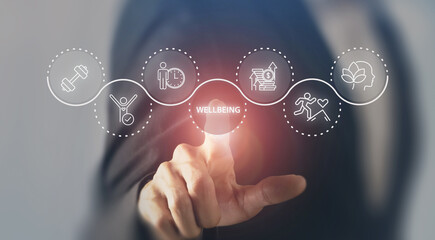 Employee wellbeing concept. Touching screen with physical, mental, emotional health icons. Creating...