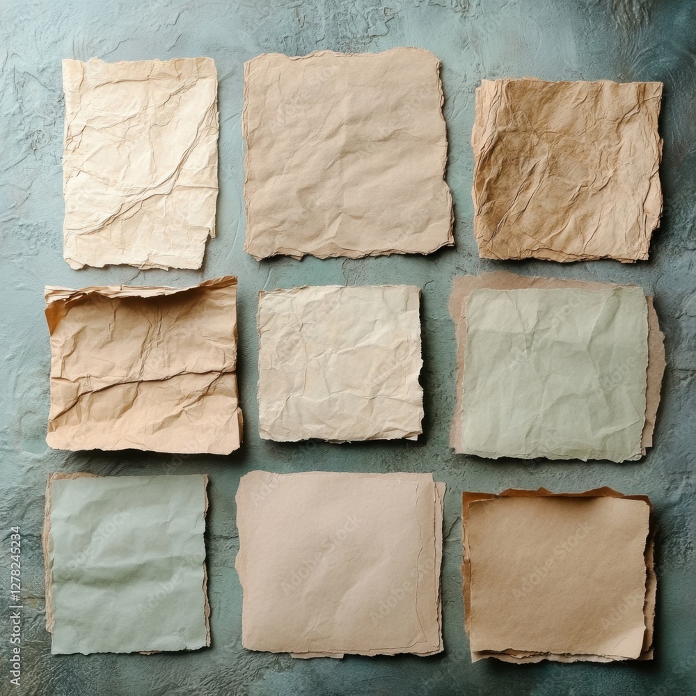Poster collection of vintage paper sheets on textured background displaying a rustic and artistic arrangeme