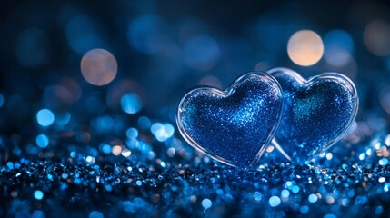 Two Blue Glittering Hearts on Sparkling Surface