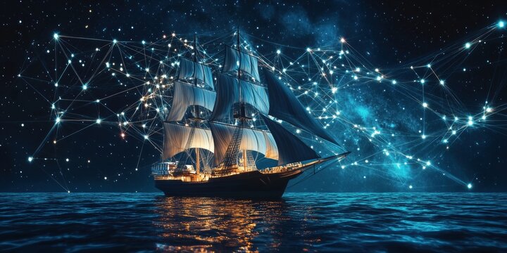 Sailing ship illuminated against cosmic network of stars and connections