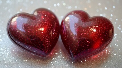 Two Red Glittery Hearts on Sparkling Background