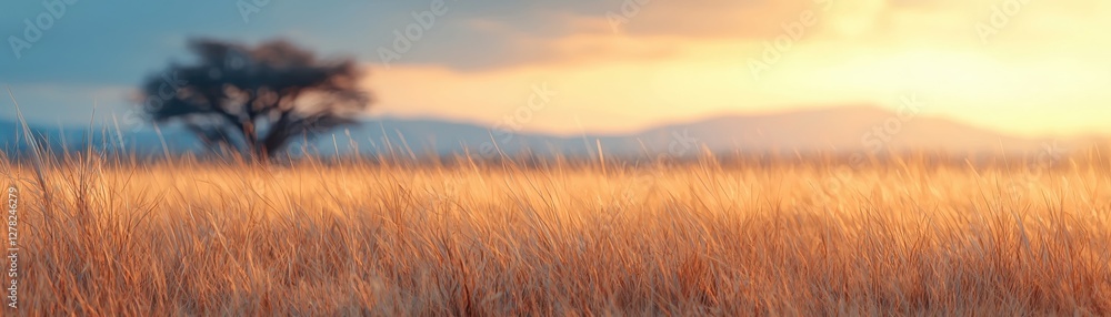 Poster serene sunset over golden field with silhouette of tree and soft mountain range in the background