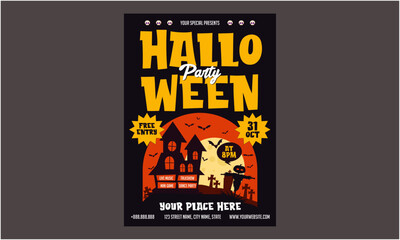 Halloween Day Flyer. Halloween Party Set for Advertising, Web, Social Media, Posters, Banners, Covers, Club Invitations, Festivals, and Flyers. Template with Ghosts, Bats, and Pumpkins.