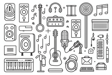 Music studio equipment and musical instruments line art icons.