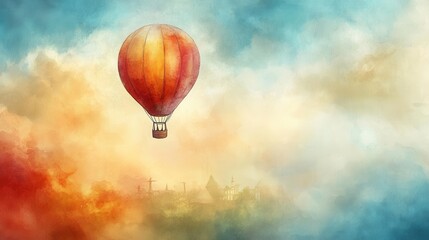 Fototapeta premium Hot Air Balloon Floating Above Colorful Clouds in a Dreamy Sky