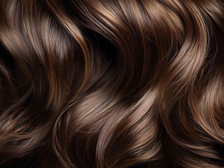 Naklejka premium Radiant brunette hair with subtle highlights cascading in soft waves creating a luxurious texture and depth for modern beauty