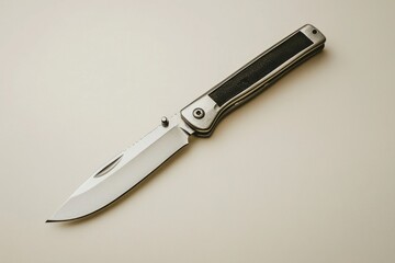 Modern folding knife with silver blade handle lying flat