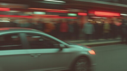 City streets illuminated by neon lights, capturing motion of pas