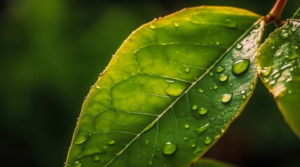 Raindrops cling to lush green leaves in a tranquil forest setting after a refreshing rain shower