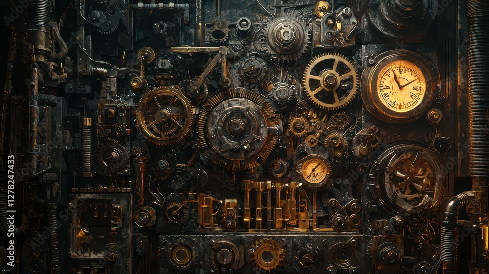 Poster intricate steampunk mechanisms with gears and clock elements