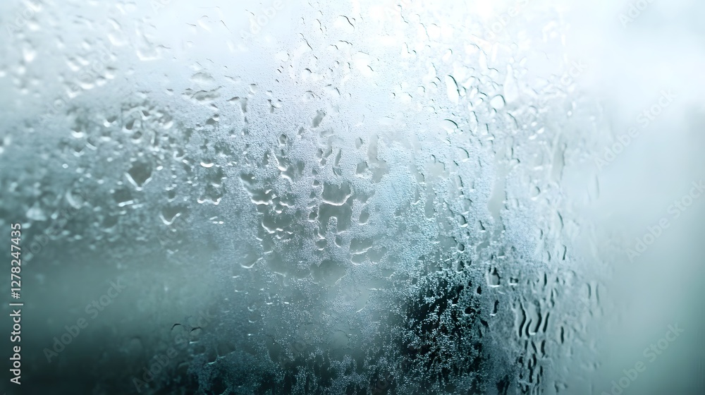 Aufkleber Rainy window glass with dripping water droplets and blurred reflection of the outside environment  Moody atmospheric and minimalist background with a serene calming and contemplative mood
