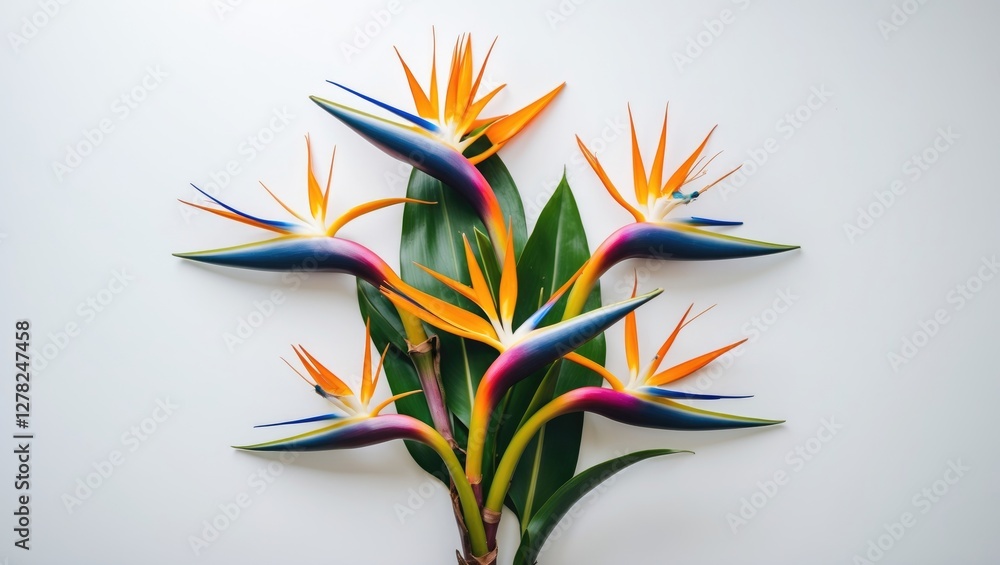 Poster vibrant bird of paradise flowers displayed on a white background with ample space for text or decora