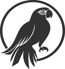 Monochrome parrot silhouette logo inside a circular frame.