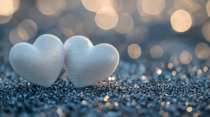 Two Sparkling White Hearts on Glittering Surface