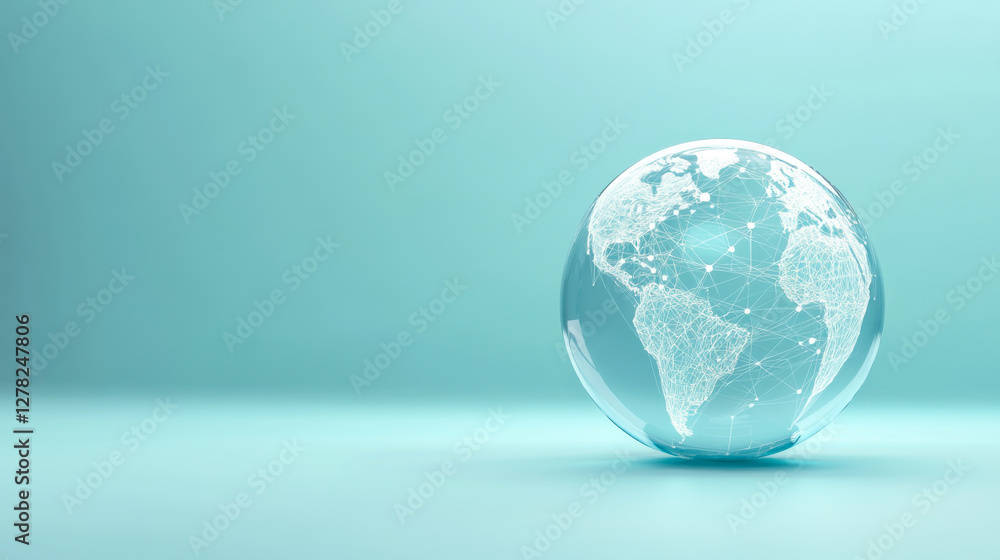 Poster global connectivity represented by a transparent globe with network connections on a soft teal backg