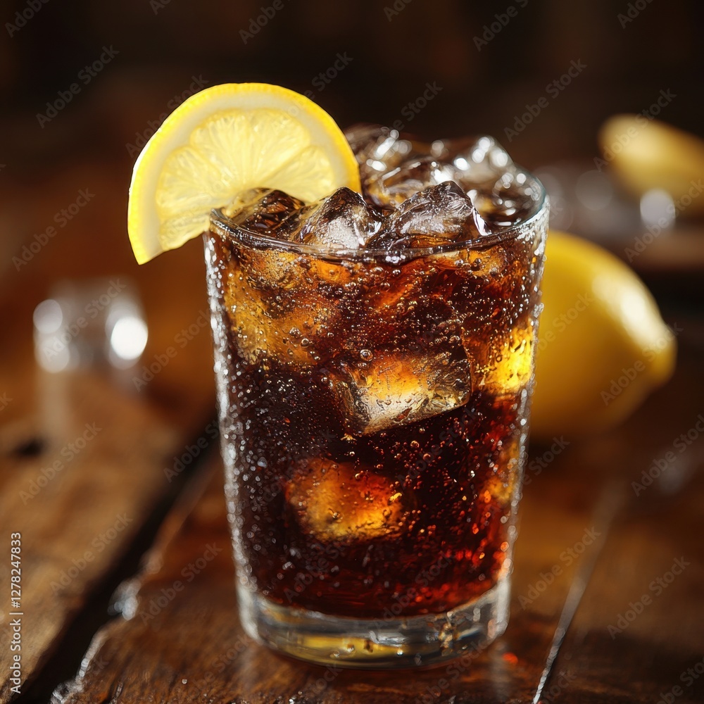Aufkleber refreshing cola drink with ice cubes and lemon slice on wooden table in dark background closeup