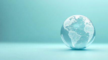 Global connectivity represented by a transparent globe with network connections on a soft teal background
