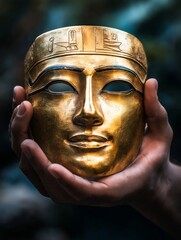 Prunkvolle goldene Maske im Stil des alten Ägypten. Ein Hauch von Mysterium und Geschichte umgibt dieses kostbare Artefakt. - obrazy, fototapety, plakaty