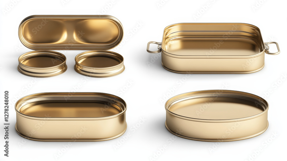 Poster golden tin can for sardine in top and perspective view. vector realistic mockup of rectangle metal c