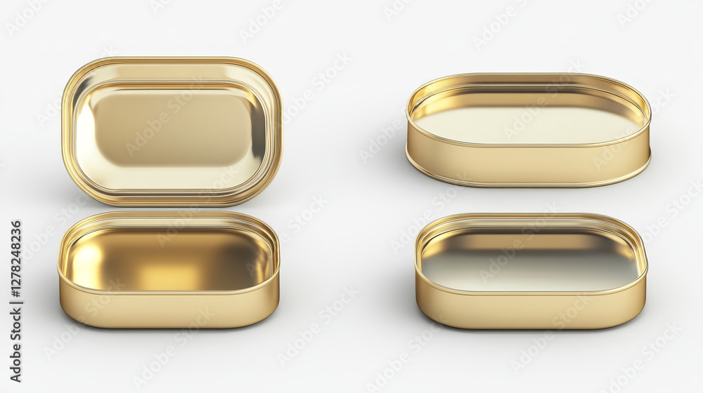 Poster golden tin can for sardine in top and perspective view. vector realistic mockup of rectangle metal c