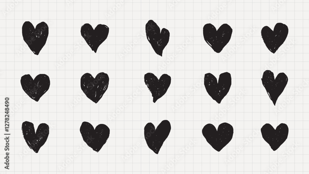 Poster hand-drawn black hearts in various styles on a grid background. repeated heart patterns create a pla