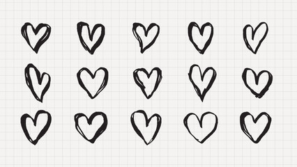 Hand-drawn black hearts in various styles on a grid background. Repeated heart patterns create a playful, artistic design. Perfect for creative projects. Hand drawn Valentine's Day vector set.