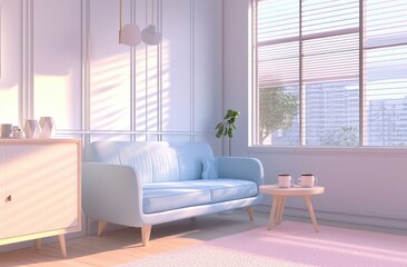 Light Blue Sofa In A Modern Minimalist Living Room