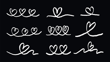 Chalk-drawn heart designs on black background. Heart patterns, heart lines, heart sketches. Romantic heart art, playful heart doodles, simple heart motifs. Hand drawn Valentine's Day vector set.