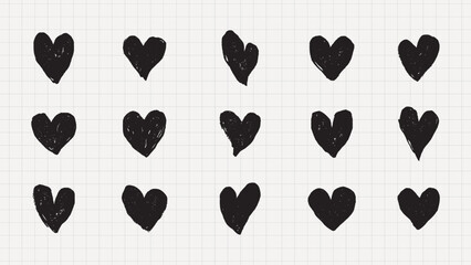 Hand-drawn black hearts in various styles on a grid background. Repeated heart patterns create a playful, artistic design. Perfect for creative projects. Hand drawn Valentine's Day vector set.