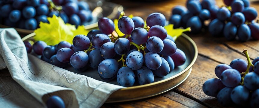 Close-Up of Fresh Black Grapes on Tray with Napkin on Wooden Table Surrounded by Green Leaves in Natural Light