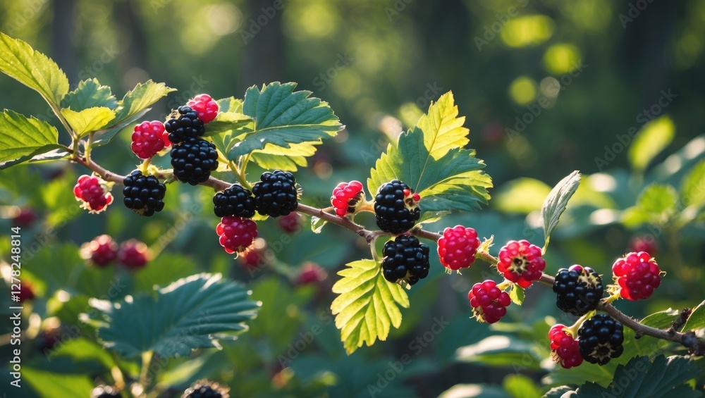 Poster ripe blackberry and raspberry branch in sunlight with lush green leaves and empty space for text in 