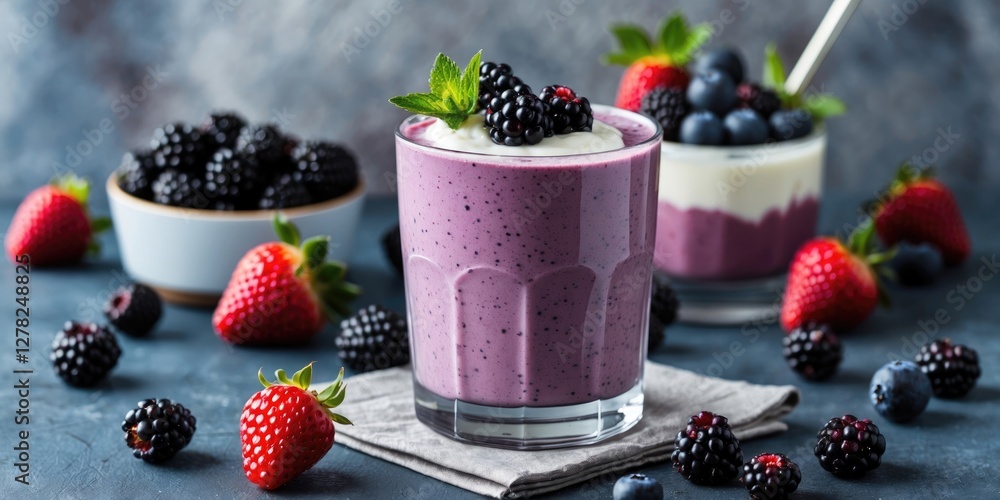 Poster blackberry yogurt smoothie with fresh berries and empty space for text display on a dark background
