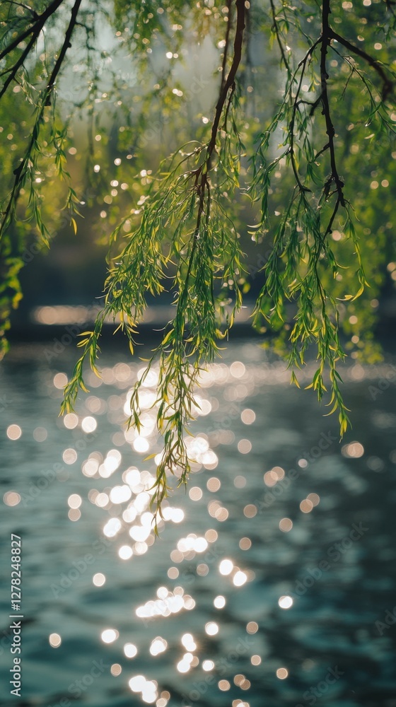 Poster serene willow branches cascade over shimmering water reflecting sunlight creating a tranquil and pea