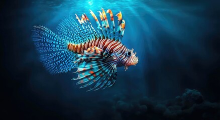 Majestic Lionfish Swims in Ocean Depths