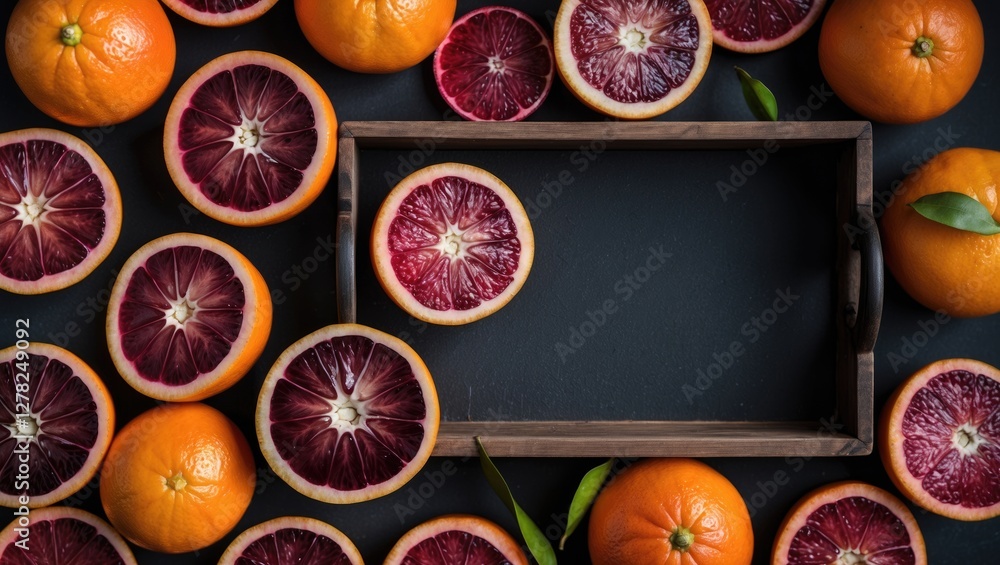 Aufkleber blood oranges and fresh oranges arranged around wooden tray on dark background with empty space for 