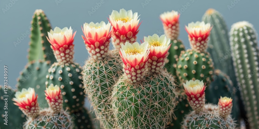 Poster vibrant blooming cactus display with colorful flowers and soft background for text integration and n