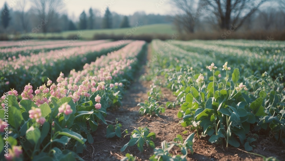 Poster vibrant spring pea fields blooming with colorful flowers and clear copy space for text or overlay in