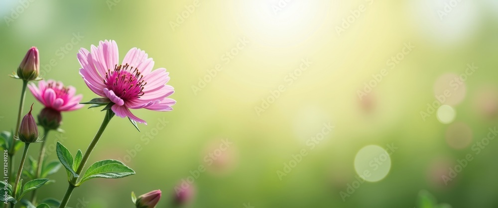 Aufkleber pink wildflowers in bloom with soft focus background and empty space for text overlay