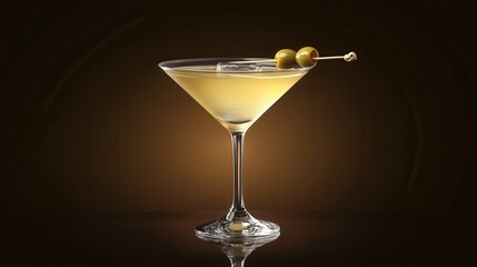 a sleek martini glass with a clear cocktail, garnished with green olives on a toothpick, set on a dark, elegant surface. 