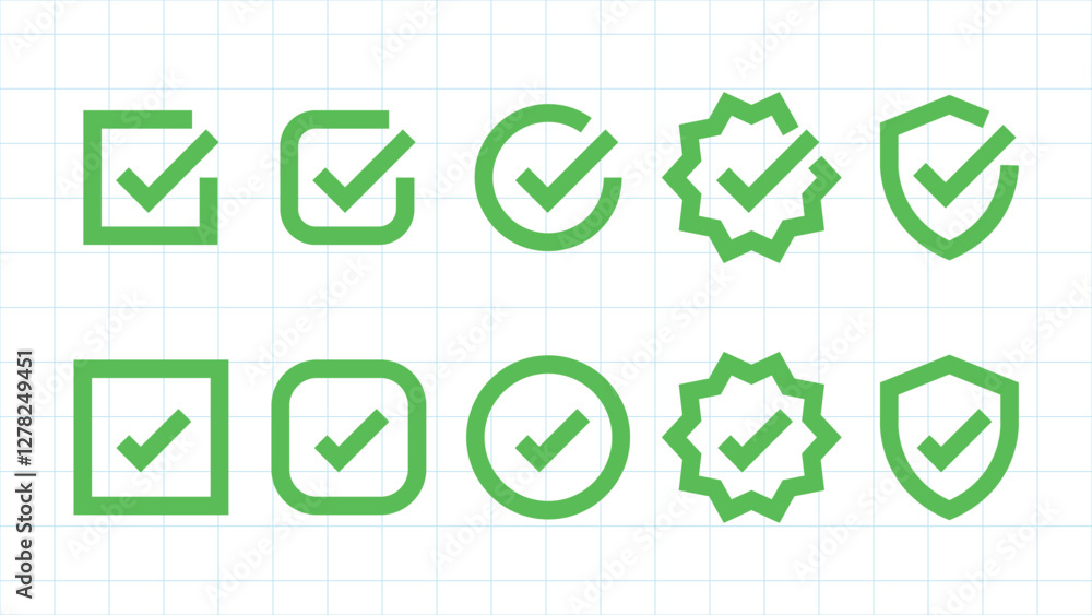 Poster green checkmarks in various shapes: square, circle, star, shield. checkmarks indicate approval, succ