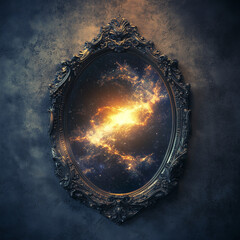 Mysterious vintage mirror reflecting a glowing galaxy. Part of a surreal fantasy series depicting alternate realities through ornate mirrors. Ideal for sci-fi, fantasy, and mystical concepts.